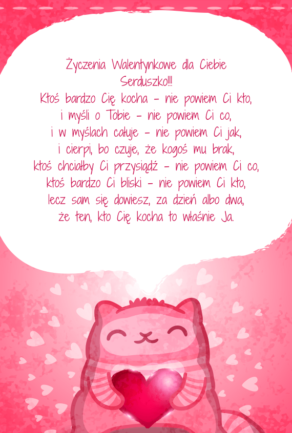 Różowy kotek z życzeniami na walentynki
